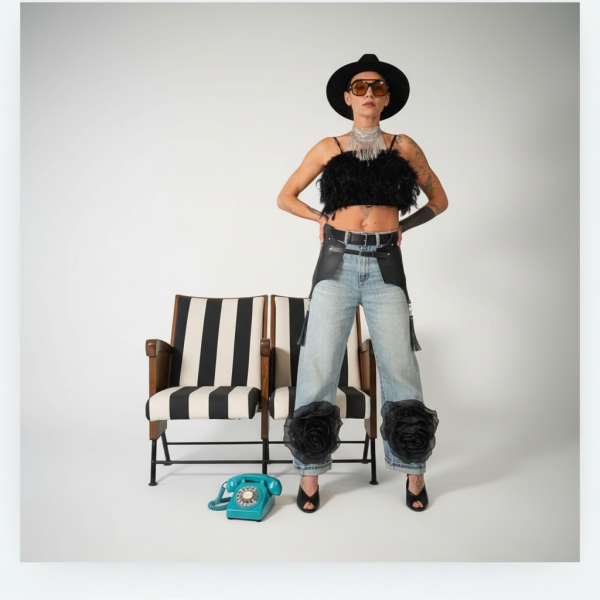 jeans balloon con applicazione rosa gigante nera