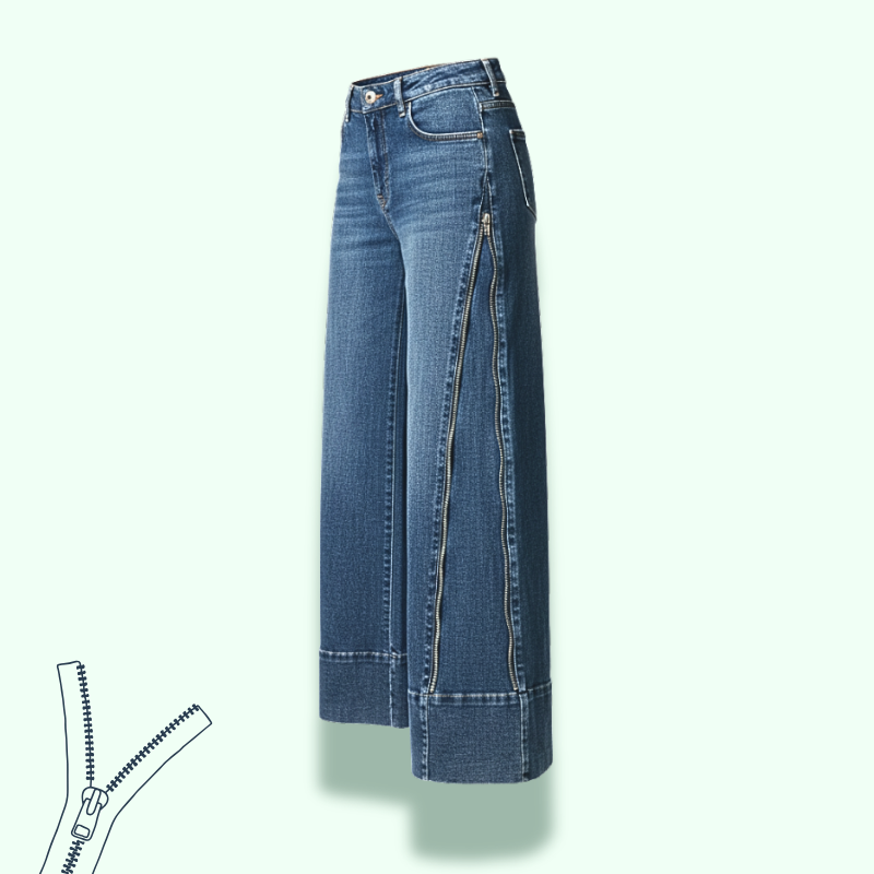 jeans wide leg con cerniera laterale per stringere o allargare la gamba