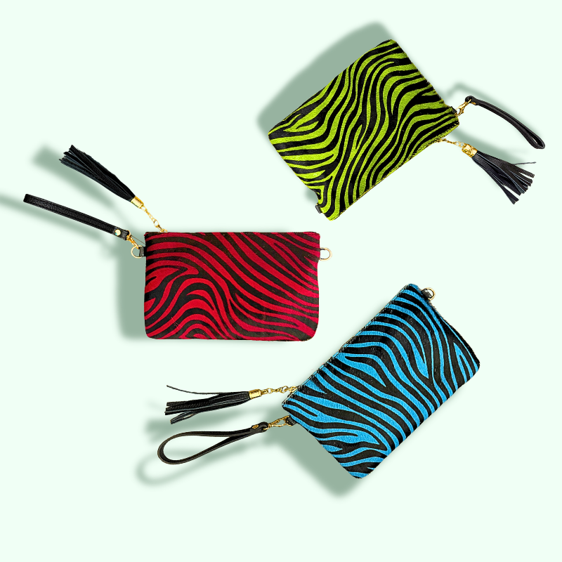 pochette zebrata con zip e manico morbido