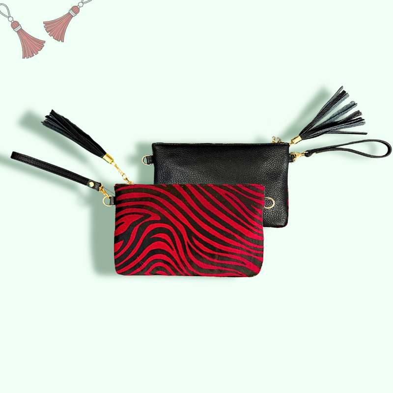 pochette zebrata con zip e manico morbido