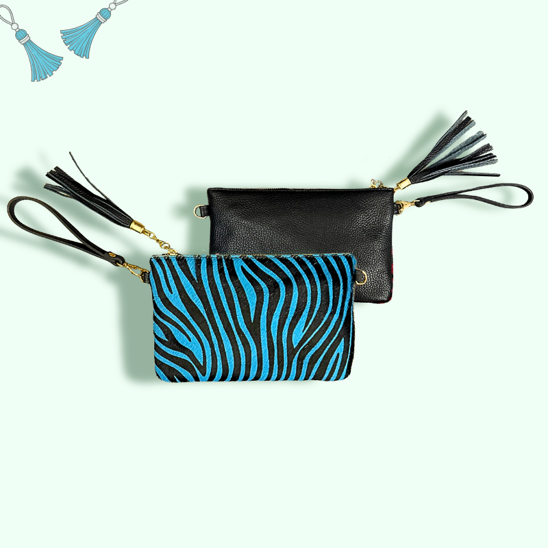 pochette zebrata con zip e manico morbido