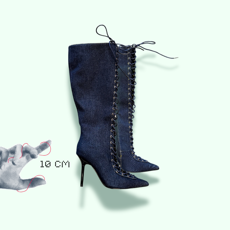 stivale a punta con tacco 10 in jeans scuro