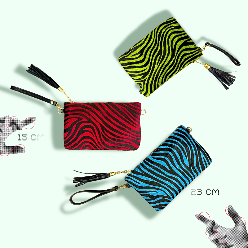 pochette zebrata con zip e manico morbido