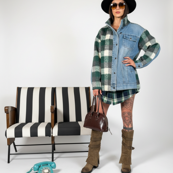 giacca giubbino jeans con inserti scozzesi verdi