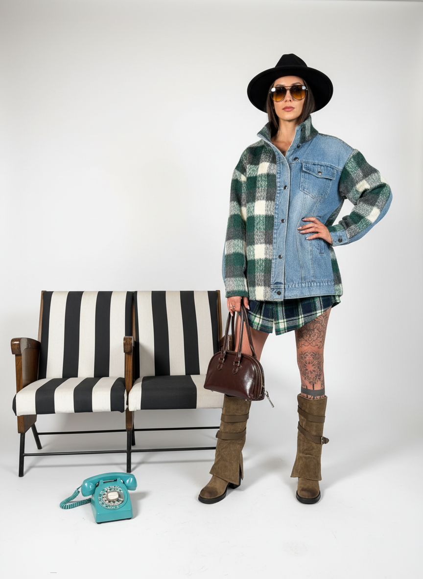 giacca giubbino jeans con inserti scozzesi verdi