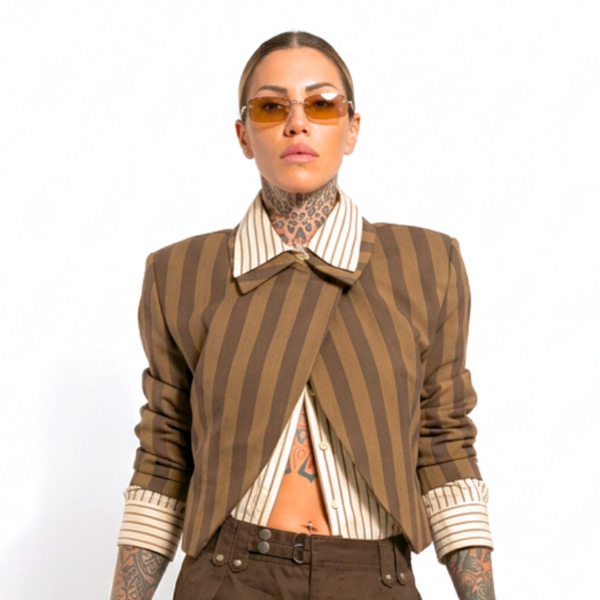 BLAZER MARRONE CROP ASIMMETRICO A RIGHE SAN TWIST