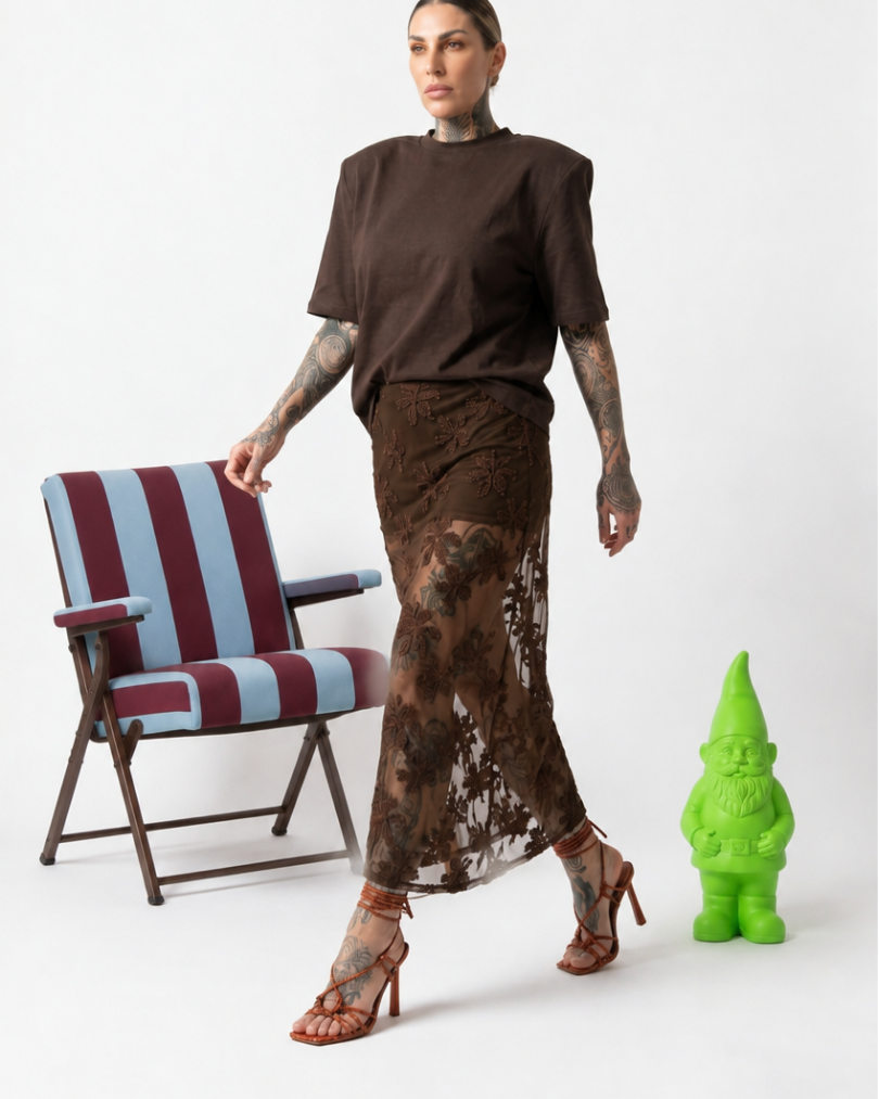 GONNA MARRONE CON TRASPARENZE E RICAMI FLOREALI SAN BLOOM