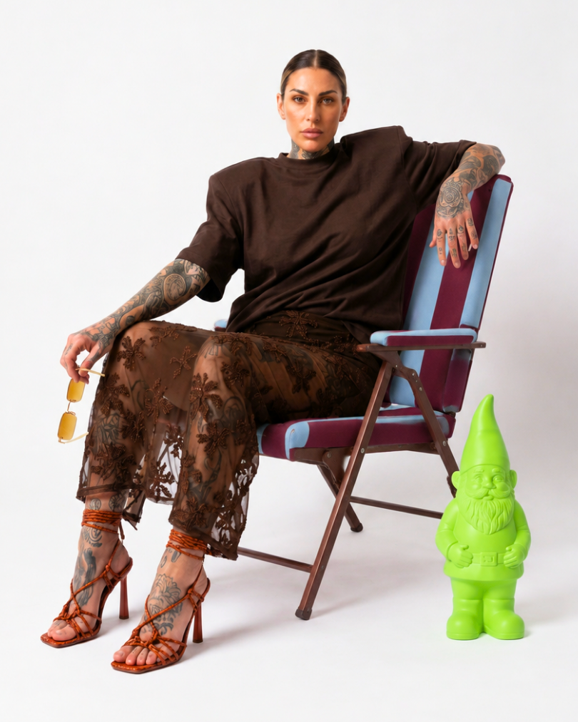 GONNA MARRONE CON TRASPARENZE E RICAMI FLOREALI SAN BLOOM