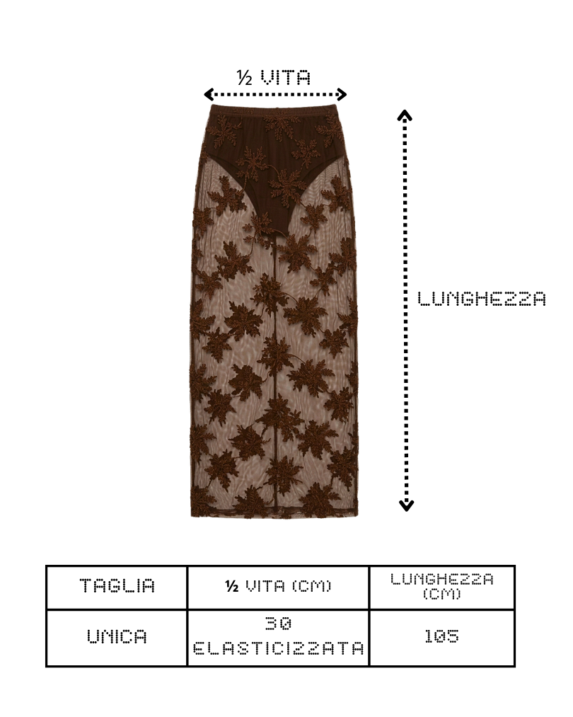 GONNA MARRONE CON TRASPARENZE E RICAMI FLOREALI SAN BLOOM