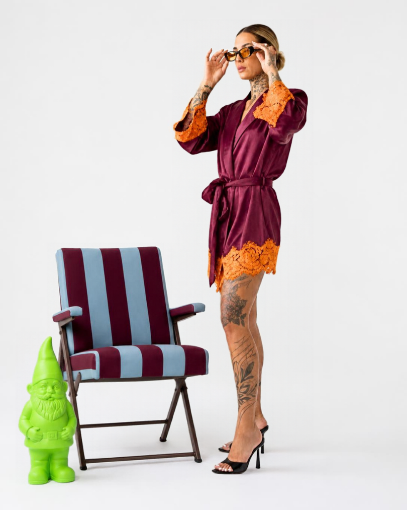 VESTAGLIA A KIMONO BORDEAUX CON DETTAGLI IN PIZZO SAN KIMY